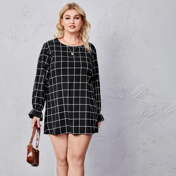 plaid plus flounce sleeve tunic dress - Picture 1 of 4
